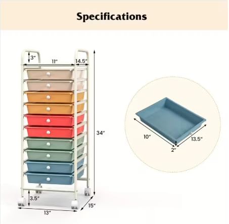 10 Drawer Rolling Storage Cart Organizer with Locking Wheels W216
