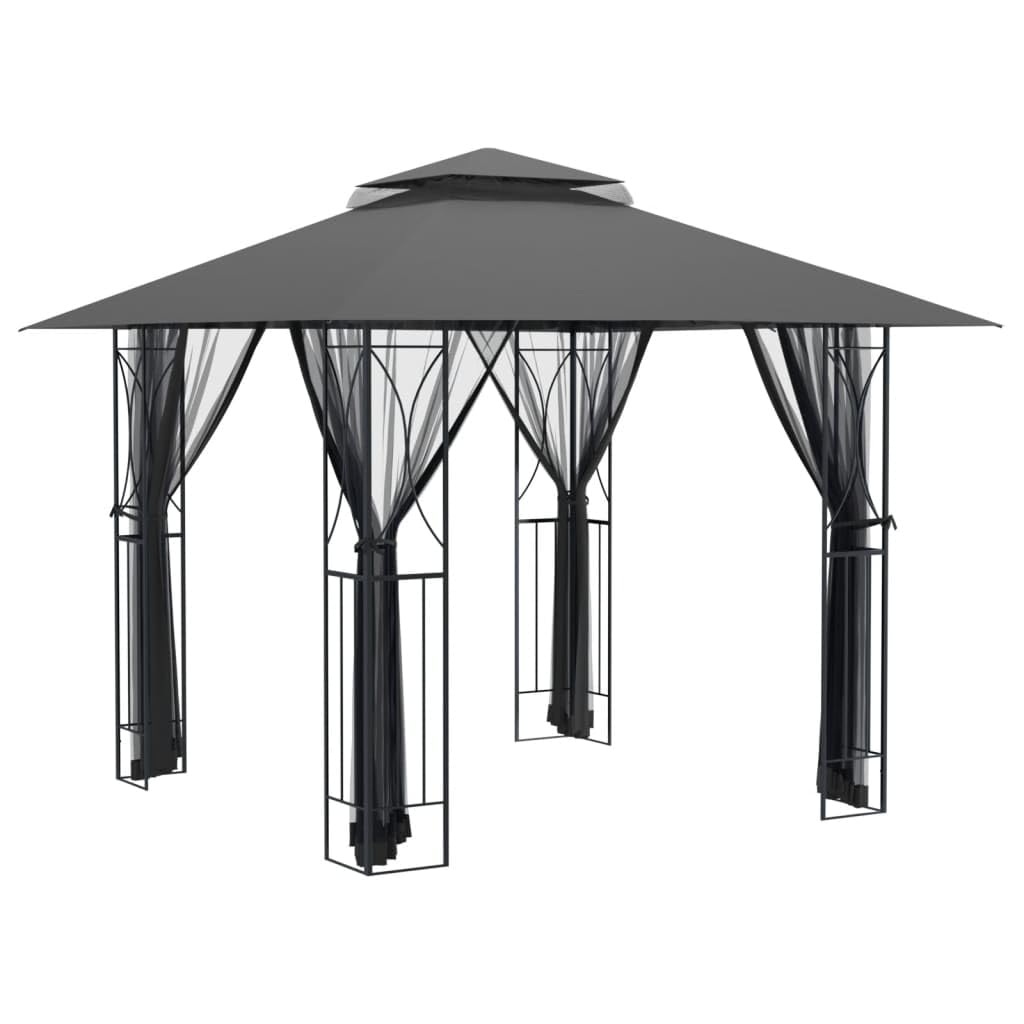 Steel Gazebo with Mesh Sidewalls Double-Tiered Roof F81277