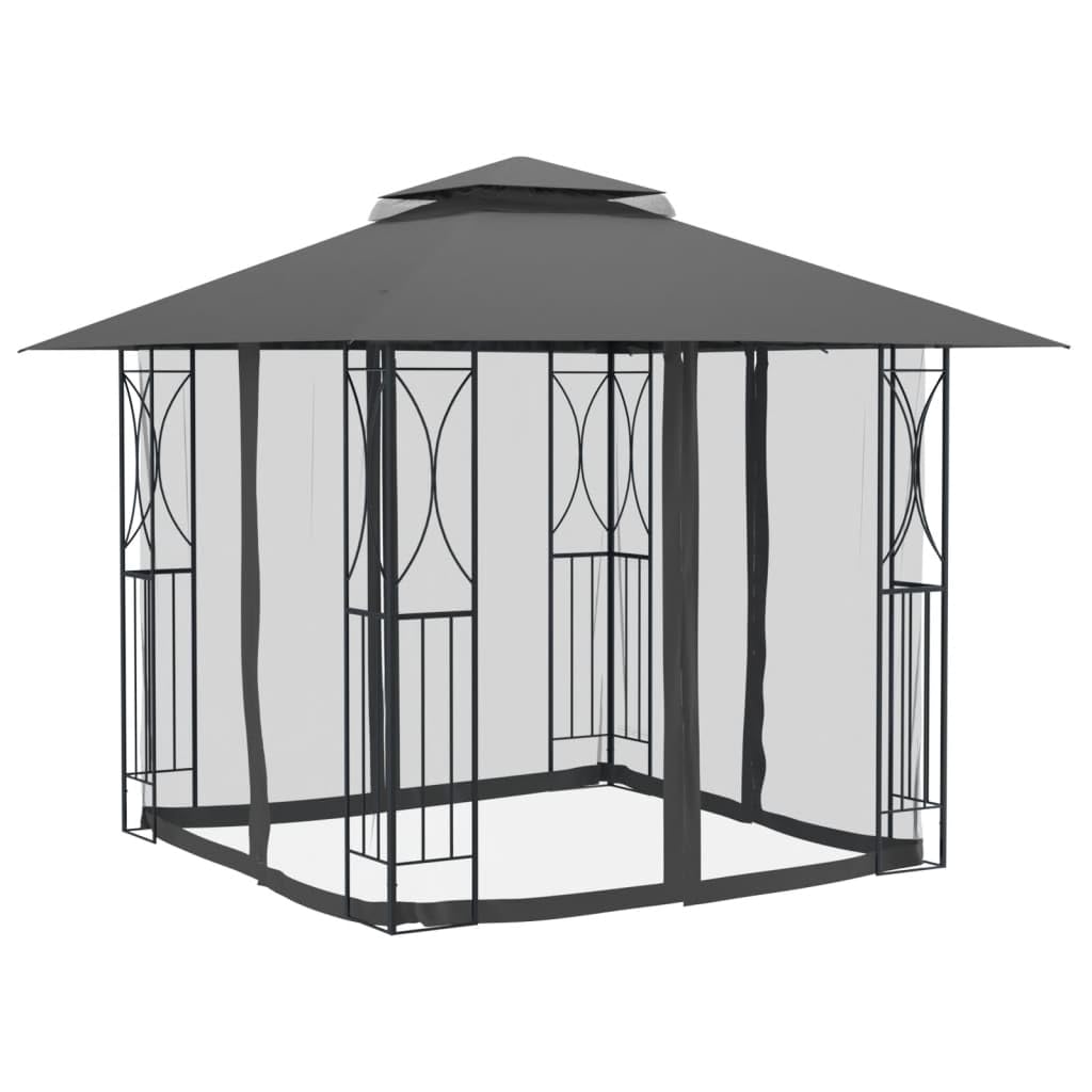 Steel Gazebo with Mesh Sidewalls Double-Tiered Roof F81277