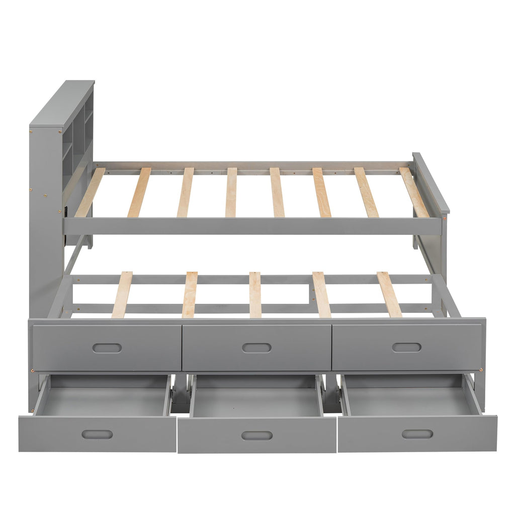 Twin Size Platform Bed with Storage Headboard, Trundle and 3 Drawers, Gray D785977