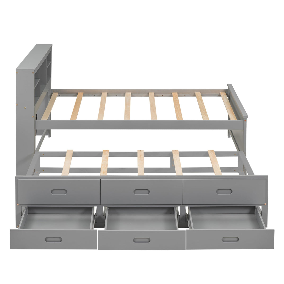 Twin Size Platform Bed with Storage Headboard, Trundle and 3 Drawers, Gray D785977