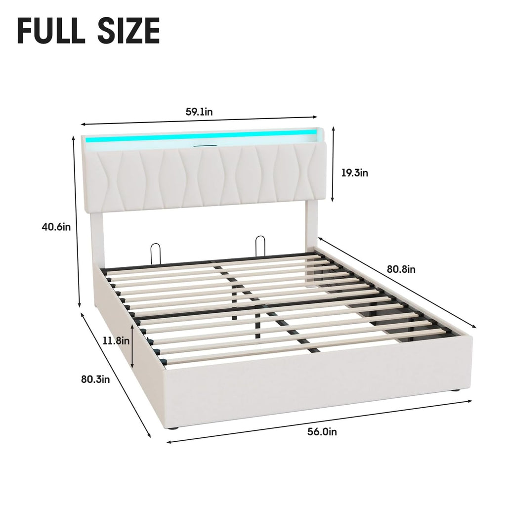 Beige Full Size Lift Up Storage Bed Frame with Charging Station D25786