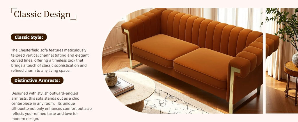 Orange Velvet 3 Seater Sofa with Gold Metal Legs M572