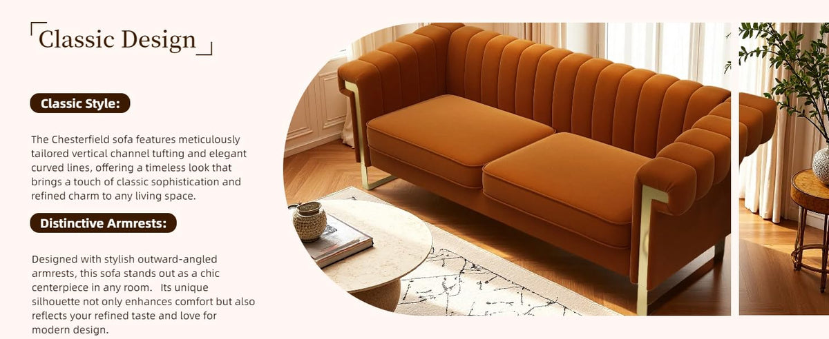 Orange Velvet 3 Seater Sofa with Gold Metal Legs M572
