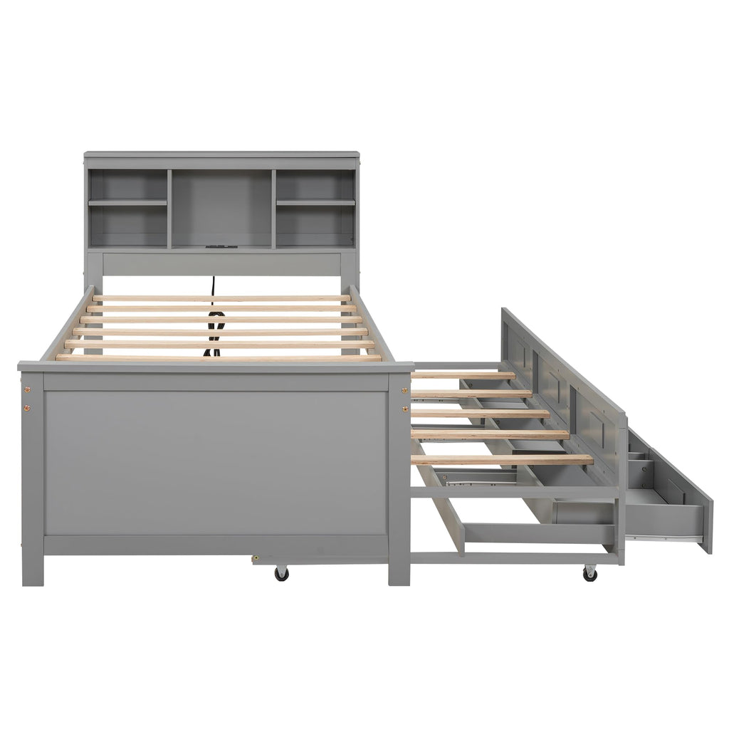 Twin Size Platform Bed with Storage Headboard, Trundle and 3 Drawers, Gray D785977