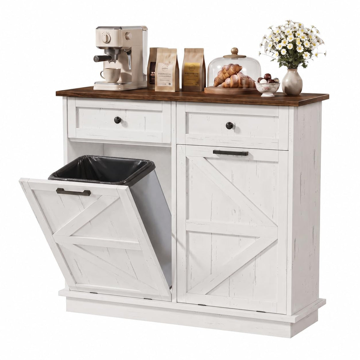 White Double Tilt Out Trash Can Cabinet with 2 Drawers E832211