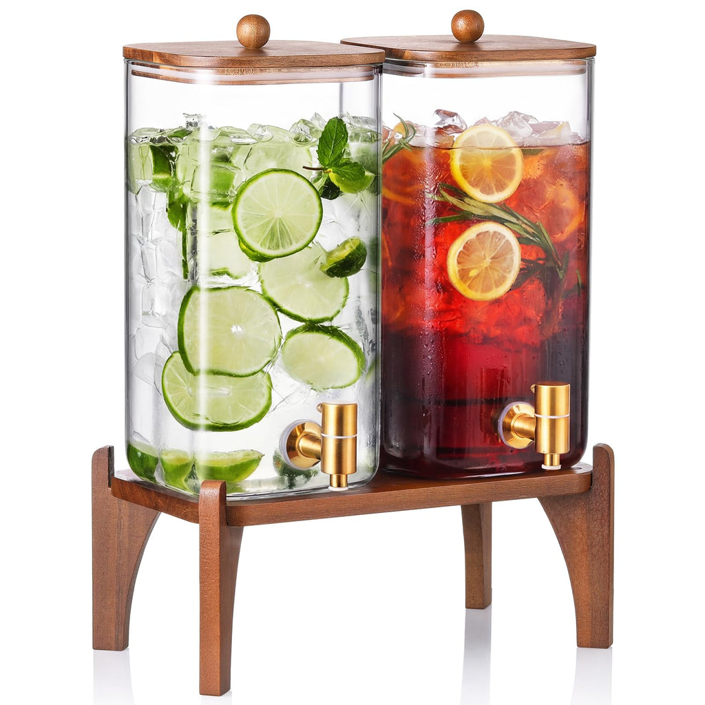 2 Pack 1.5 Gallon Square Glass Drink Dispenser with Wooden Stand & Lid X7075