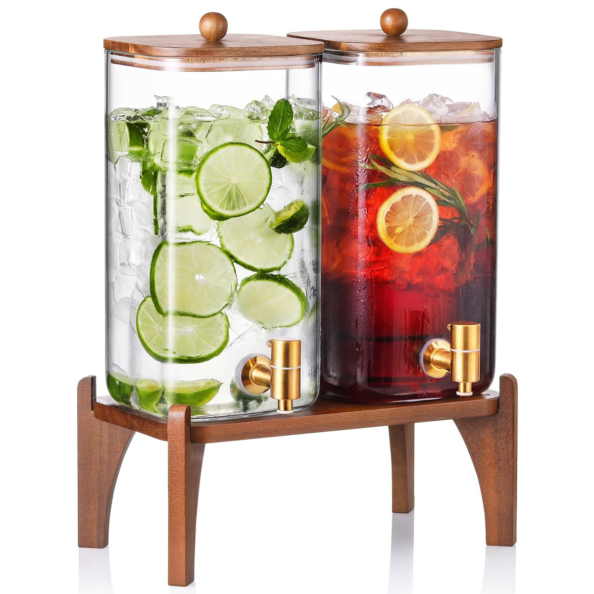 2 Pack 1.5 Gallon Square Glass Drink Dispenser with Wooden Stand & Lid X7075