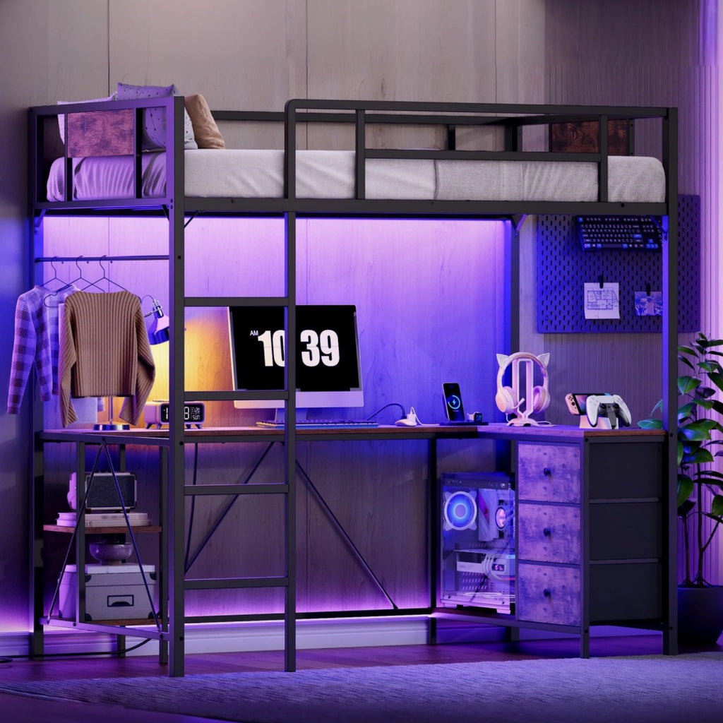 Twin Size Metal Loft Bed with L-Shaped Desk, 3 Storage Drawers, LED Light & Ladder U37846