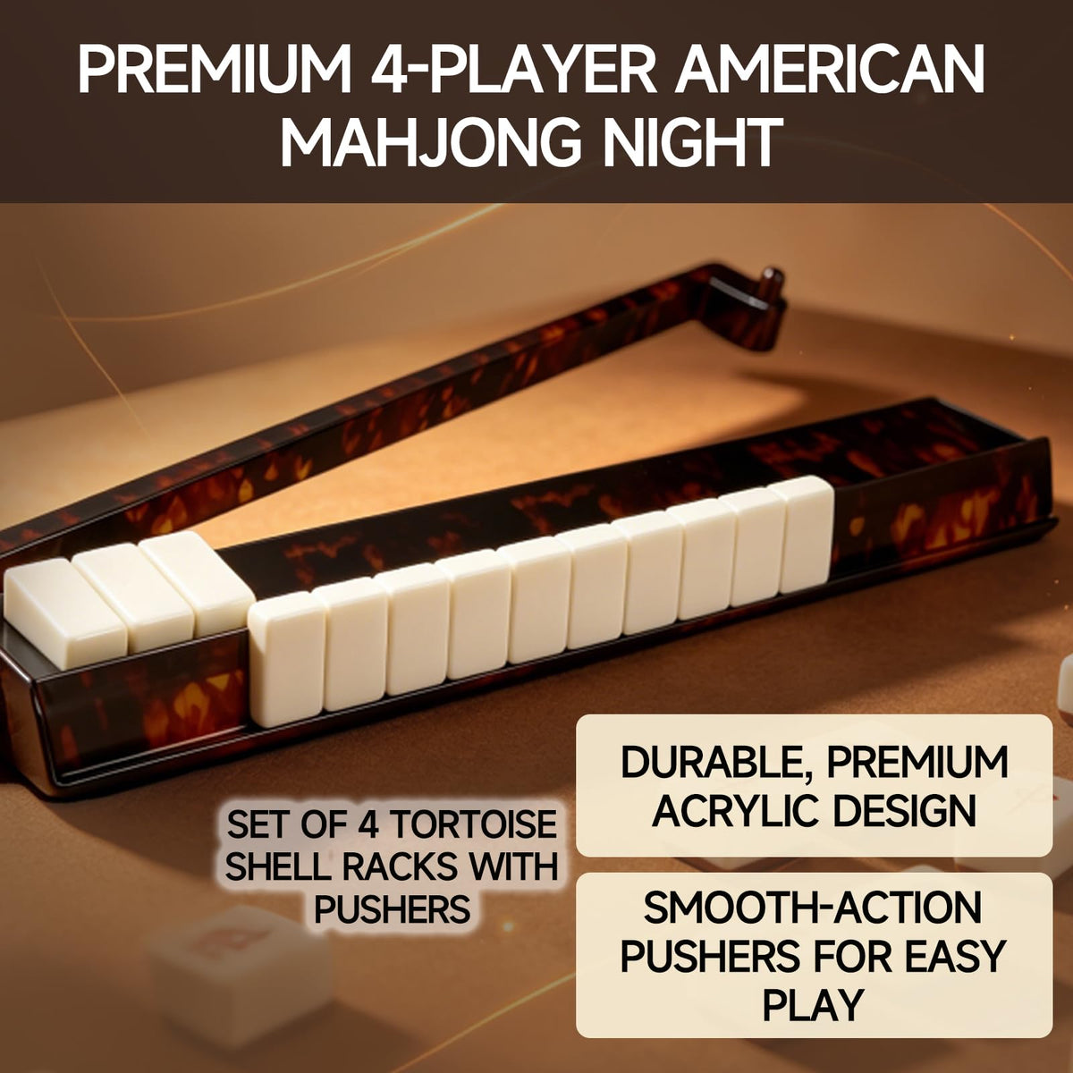 Tortoise Shell Acrylic Mahjong Racks with Pushers Set of 4 F523