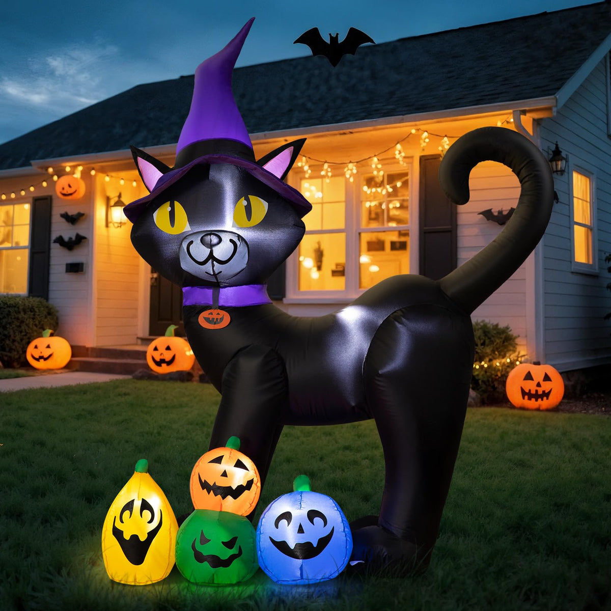 6FT Inflatable Black Cat with Witch Hat and 4 Pumpkins K454