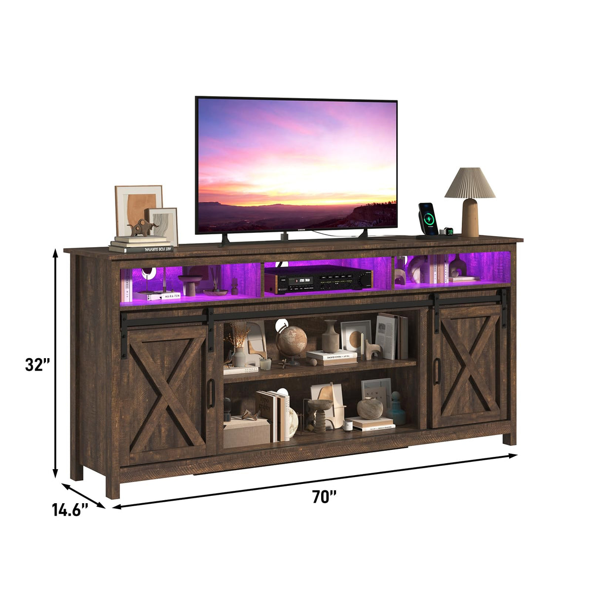 Farmhouse TV Stand with Power Outlet and Sliding Barn Doors F8924