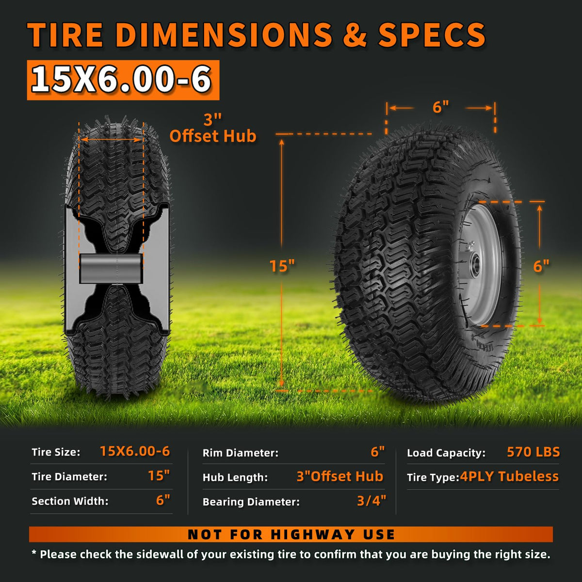 2 Pack 15x6.00-6nhs Tubeless Lawn Mower Tires and Wheel R328