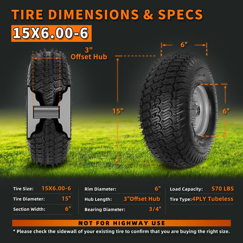 2 Pack 15x6.00-6nhs Tubeless Lawn Mower Tires and Wheel R328