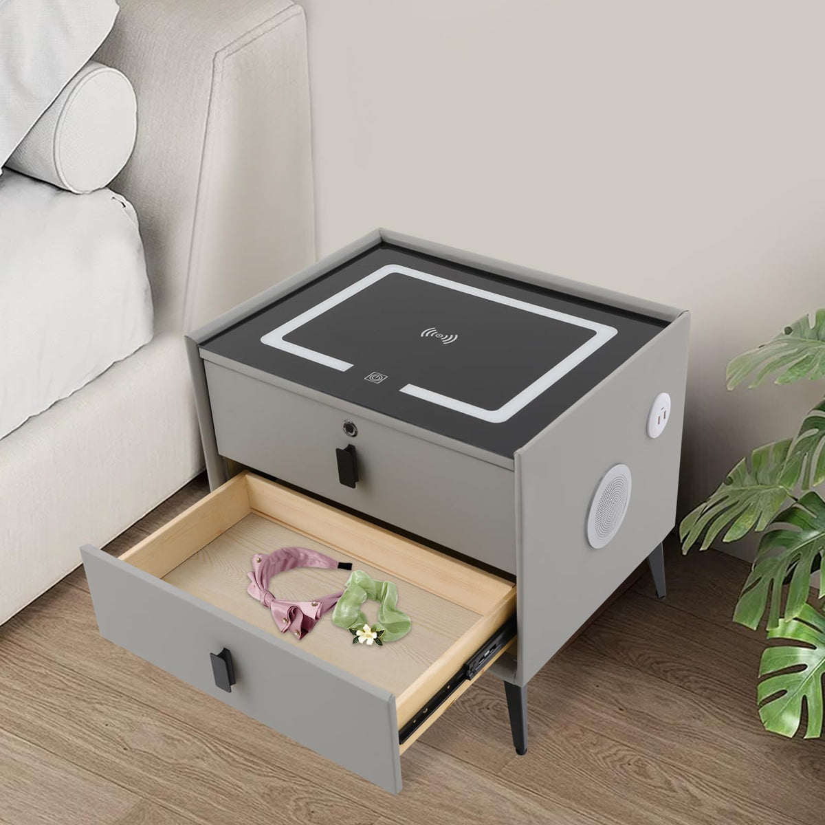 Light Grey Smart Nightstand with Wireless Charging U8091