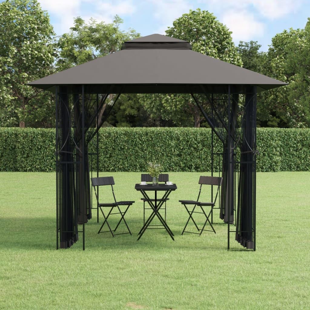 Steel Gazebo with Mesh Sidewalls Double-Tiered Roof F81277