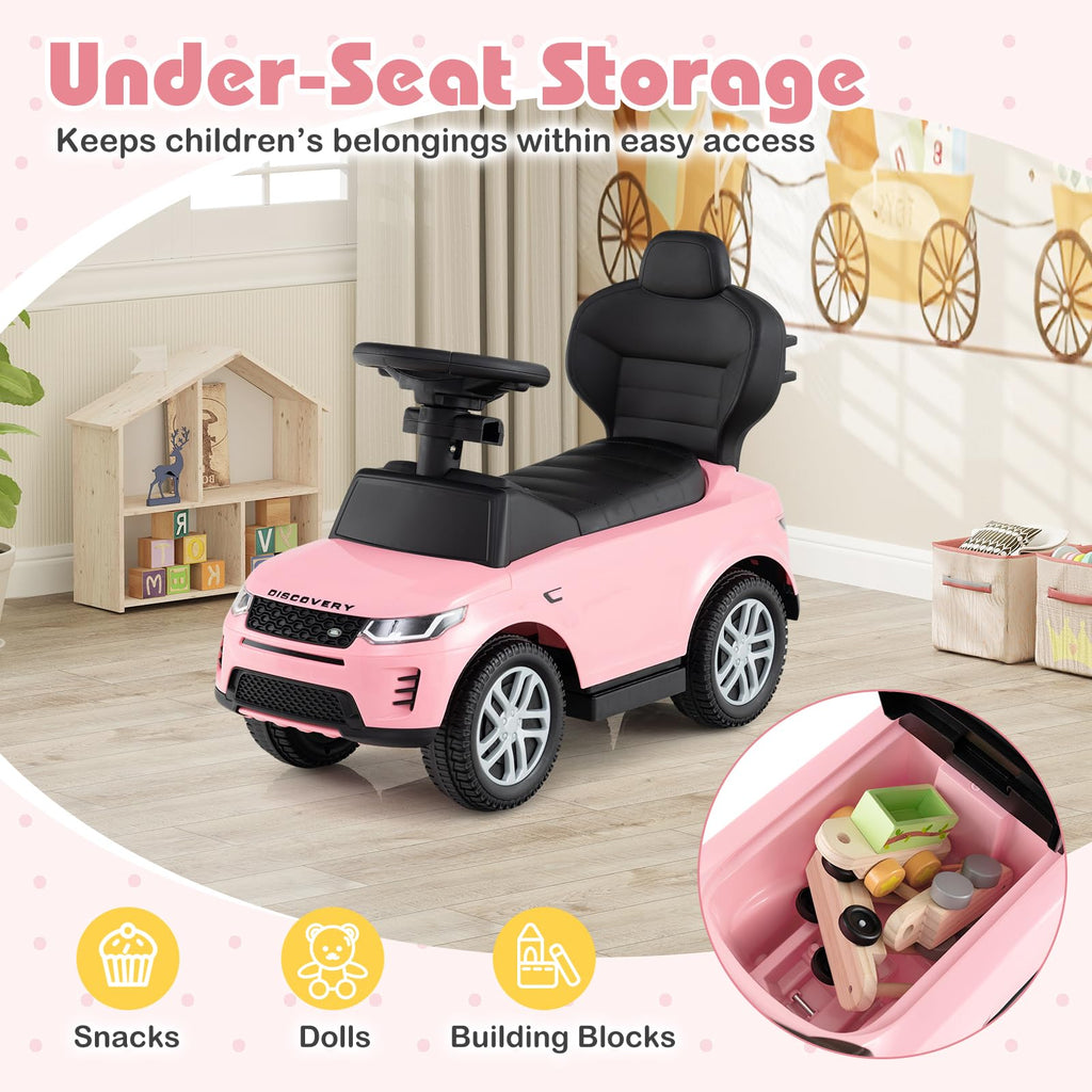 3 in 1 Push Car with Handle, Horn Sound, Underneath Storage, Armrest Guardrail, Foot-to-Floor Ride On Toy (Pink) V610