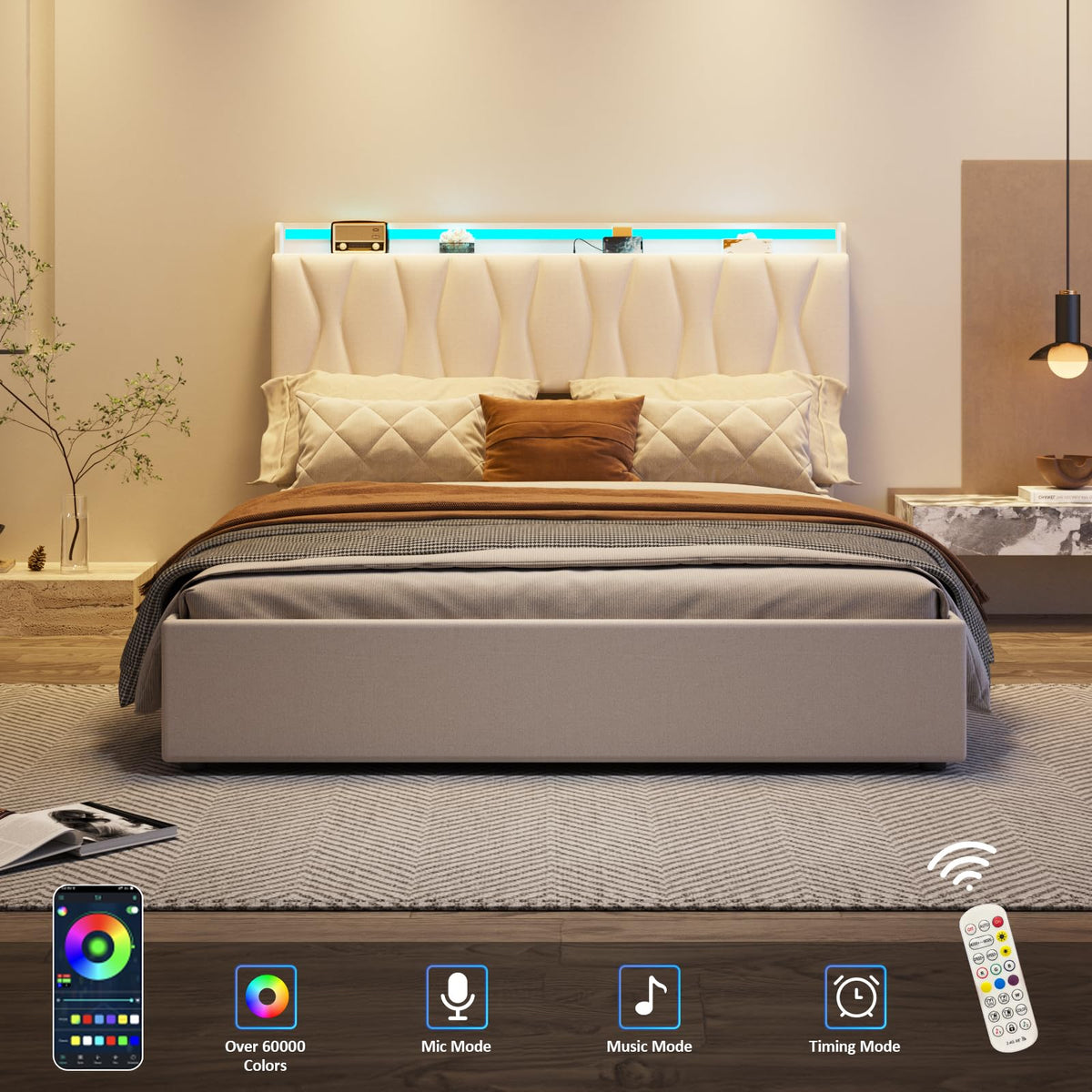 Beige Full Size Lift Up Storage Bed Frame with Charging Station D25786