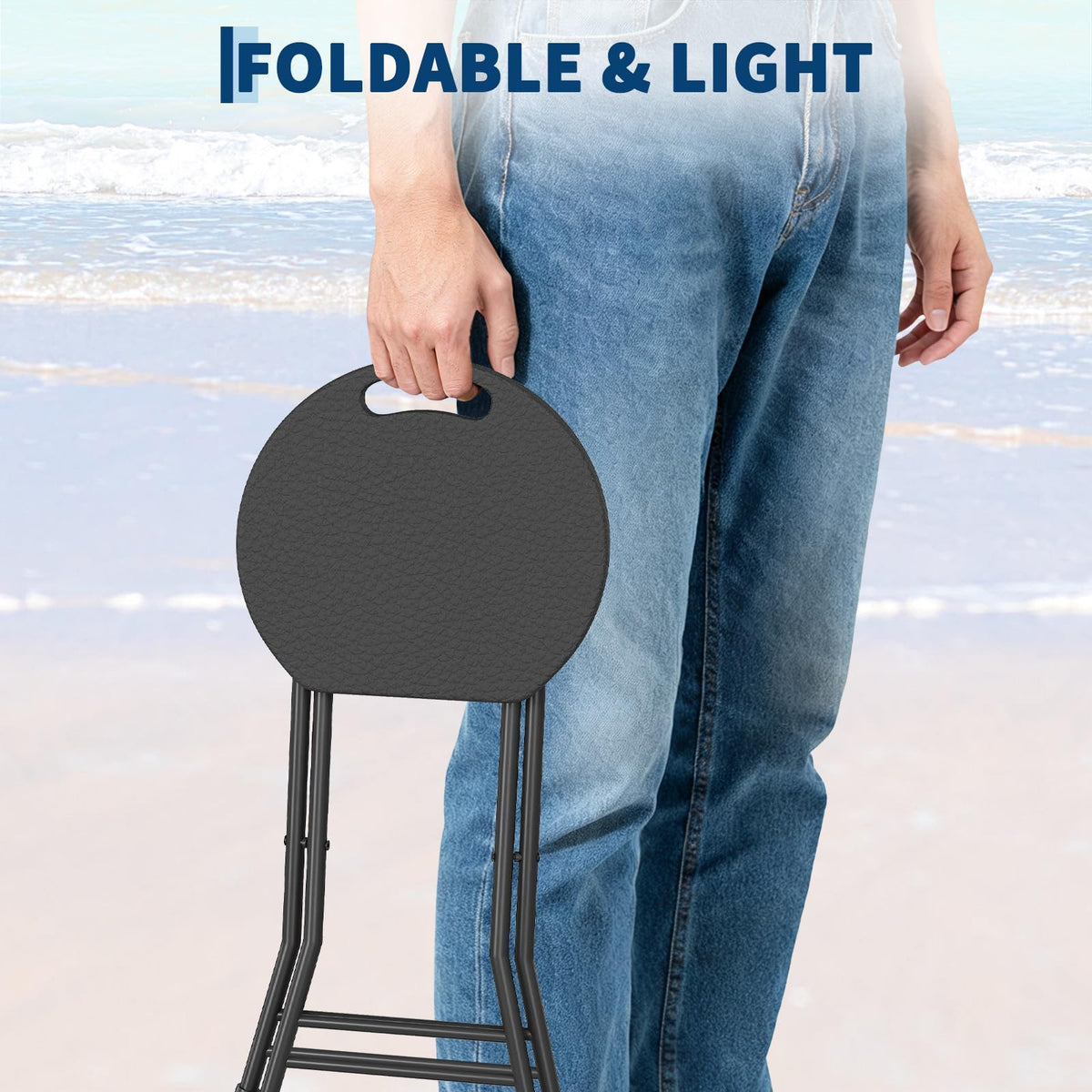 Folding Stool, Backless 18-Inch, Portable with Handle, Anti-Slip Feet, 600Lbs Capacity, Black J696783
