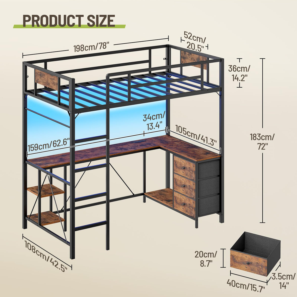 Twin Size Metal Loft Bed with L-Shaped Desk, 3 Storage Drawers, LED Light & Ladder U37846