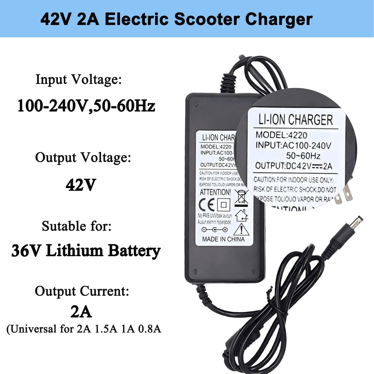 42V 2A Electric Scooter Charger with 4 Plugs A8680