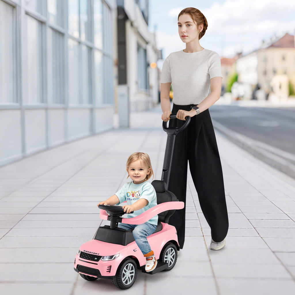 3 in 1 Push Car with Handle, Horn Sound, Underneath Storage, Armrest Guardrail, Foot-to-Floor Ride On Toy (Pink) V610