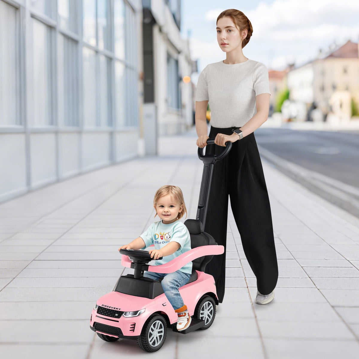 3 in 1 Push Car with Handle, Horn Sound, Underneath Storage, Armrest Guardrail, Foot-to-Floor Ride On Toy (Pink) V610