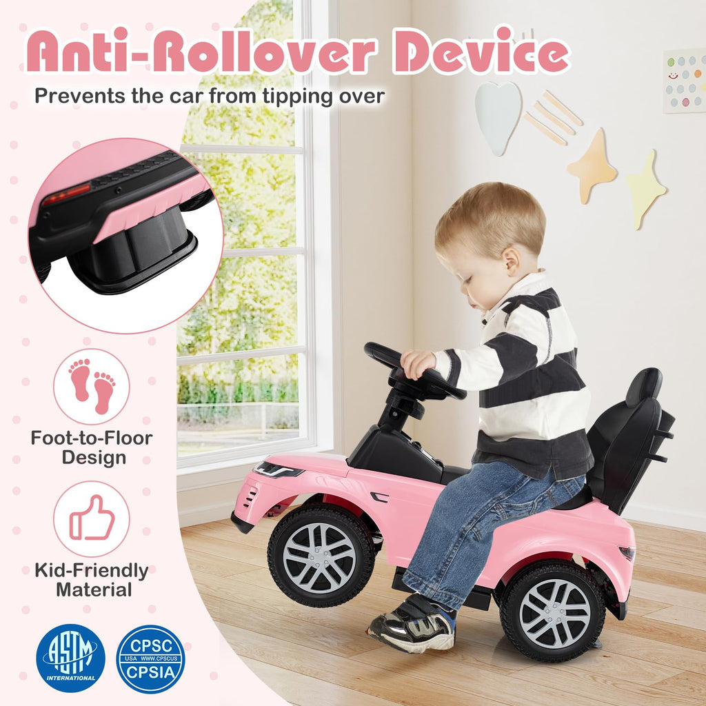 3 in 1 Push Car with Handle, Horn Sound, Underneath Storage, Armrest Guardrail, Foot-to-Floor Ride On Toy (Pink) V610