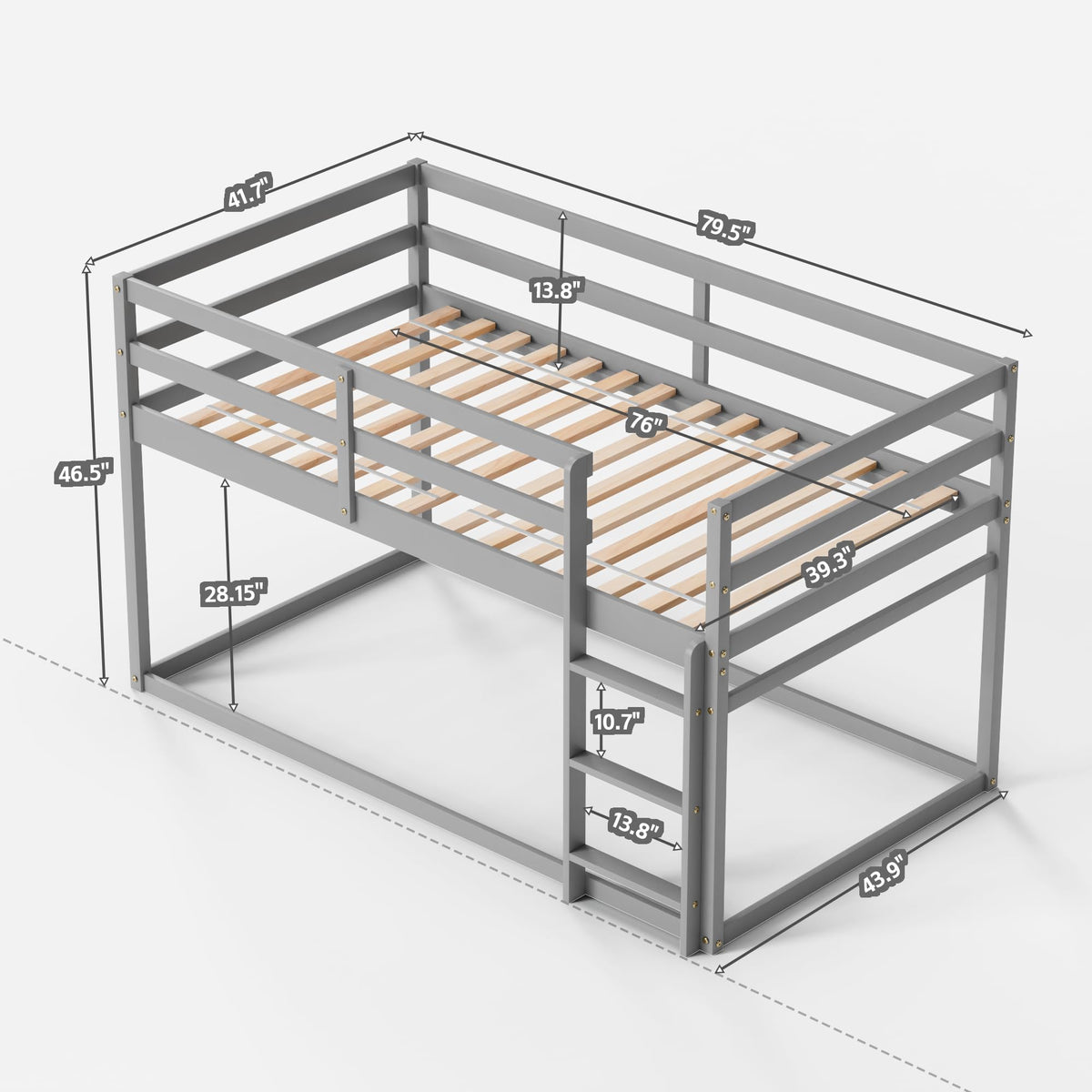 Low Twin Over Twin Wooden Bunk Bed with Ladder and Guardrails J591833