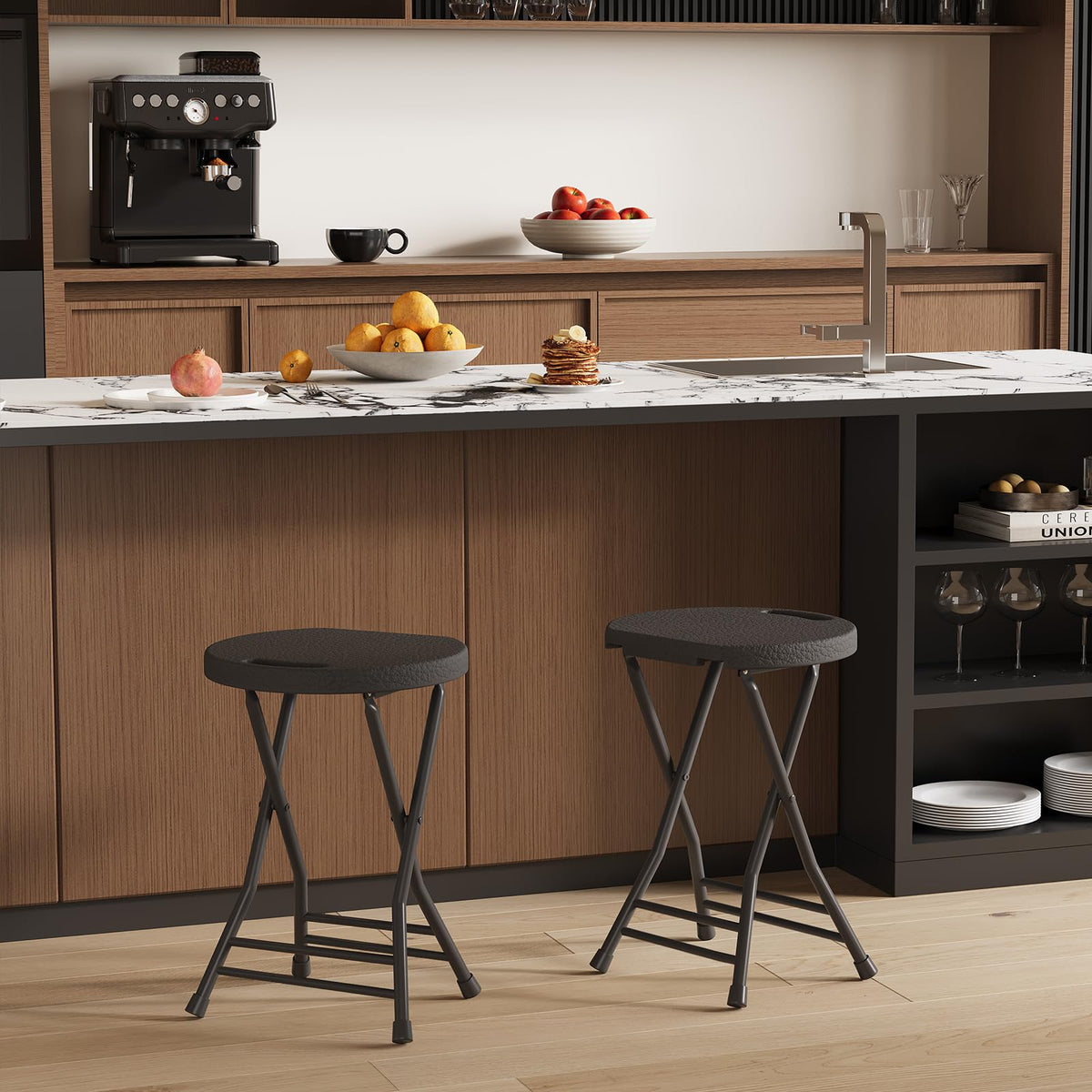 Folding Stool, Backless 18-Inch, Portable with Handle, Anti-Slip Feet, 600Lbs Capacity, Black J696783