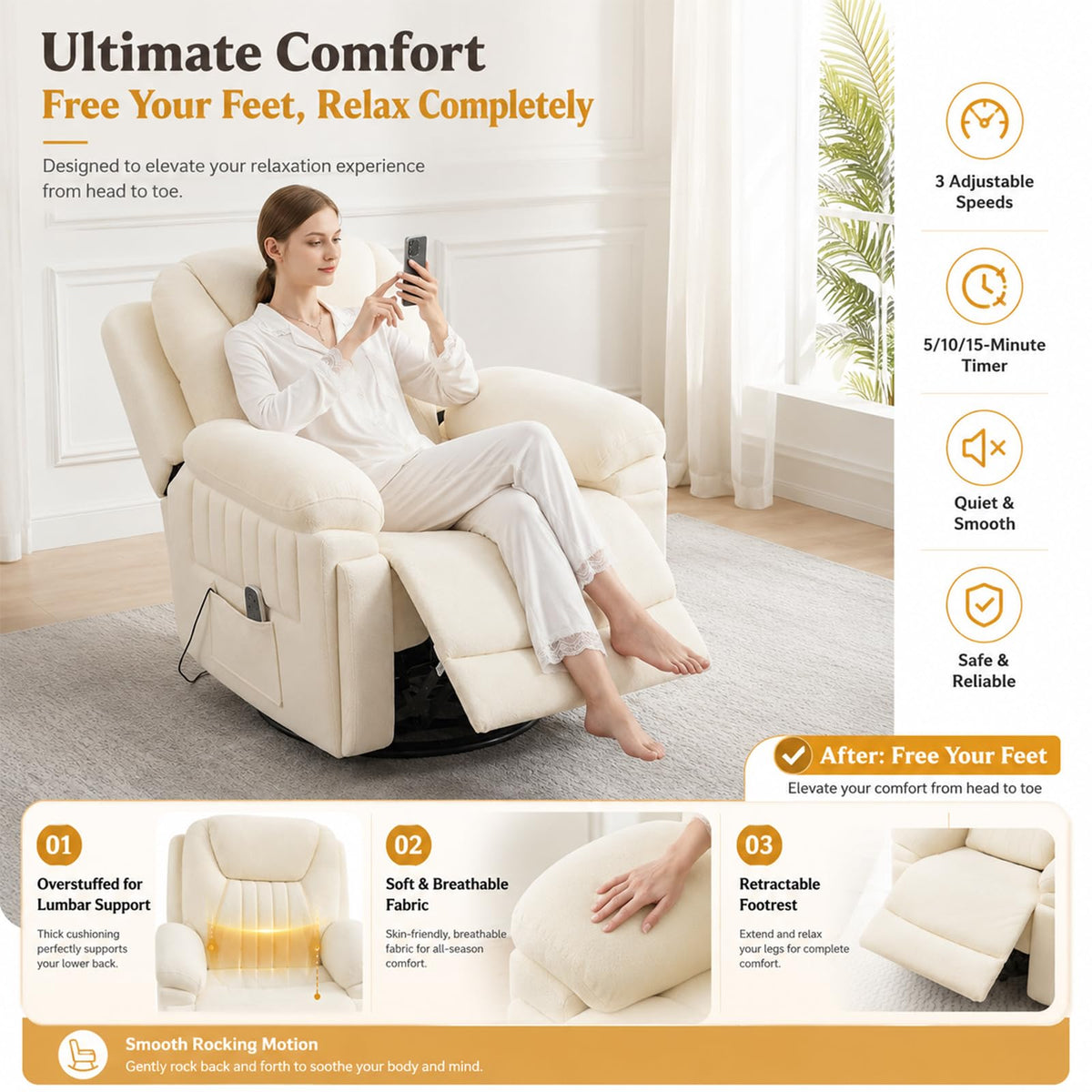 Cream White Electric Automatic Rocking Recliner Chair Q844