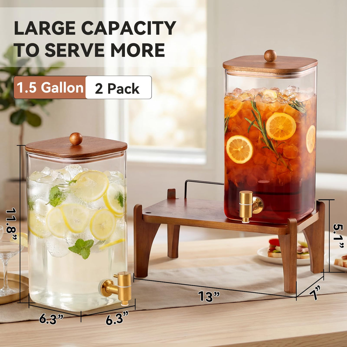 2 Pack 1.5 Gallon Square Glass Drink Dispenser with Wooden Stand & Lid X7075