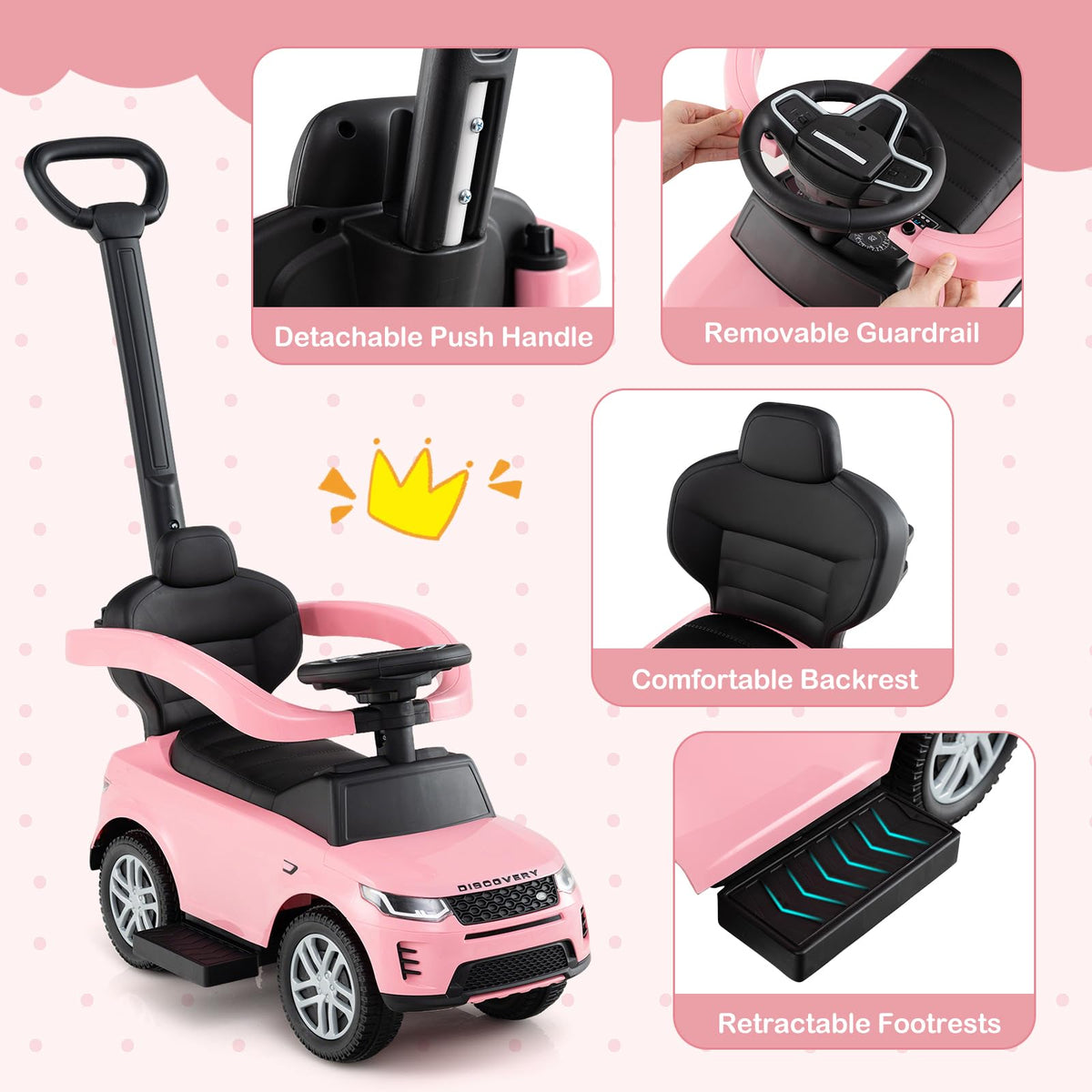 3 in 1 Push Car with Handle, Horn Sound, Underneath Storage, Armrest Guardrail, Foot-to-Floor Ride On Toy (Pink) V610