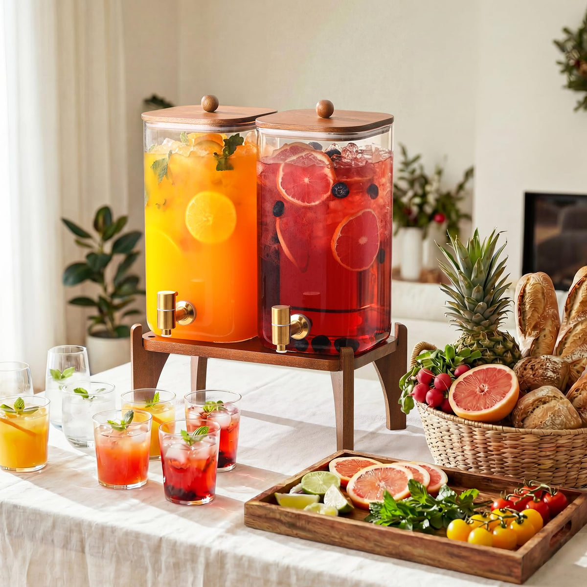 2 Pack 1.5 Gallon Square Glass Drink Dispenser with Wooden Stand & Lid X7075