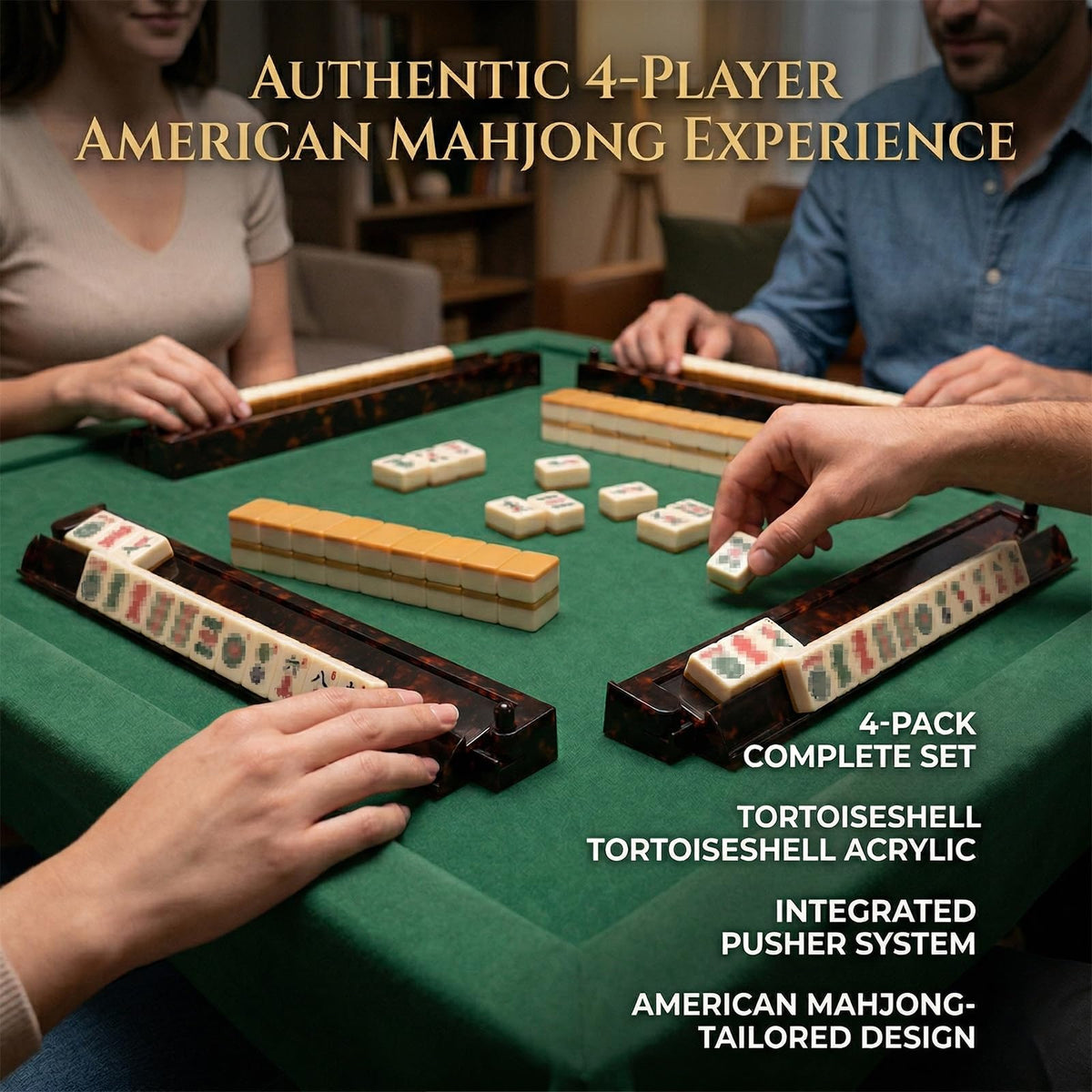 Tortoise Shell Acrylic Mahjong Racks with Pushers Set of 4 F523