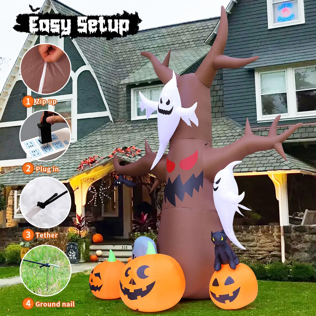 12 FT Halloween Inflatable Tree with Pumpkin Ghost Tombstone Built-in LEDs N7837