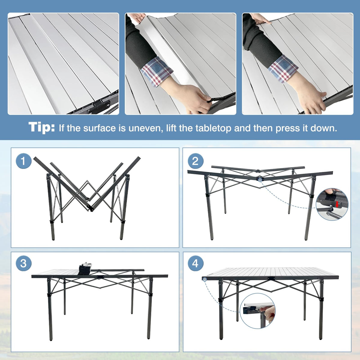 29.9" Tall Folding Camping Table for 2-6 Person, 54.7" Large Aluminum Foldable Roll-up Table Outdoor with Carry Bag for Picnic, Camp, Sturdy, Backyard, Patio F59726