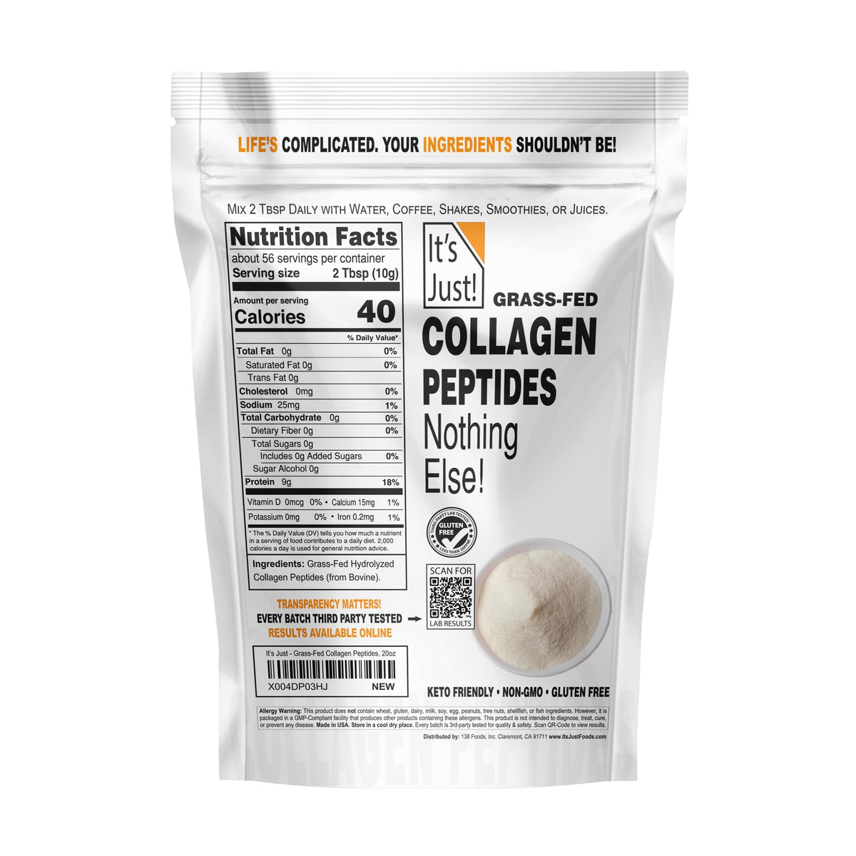 Collagen Peptide Grass-Fed Protein Powder Unflavored 20oz E990766