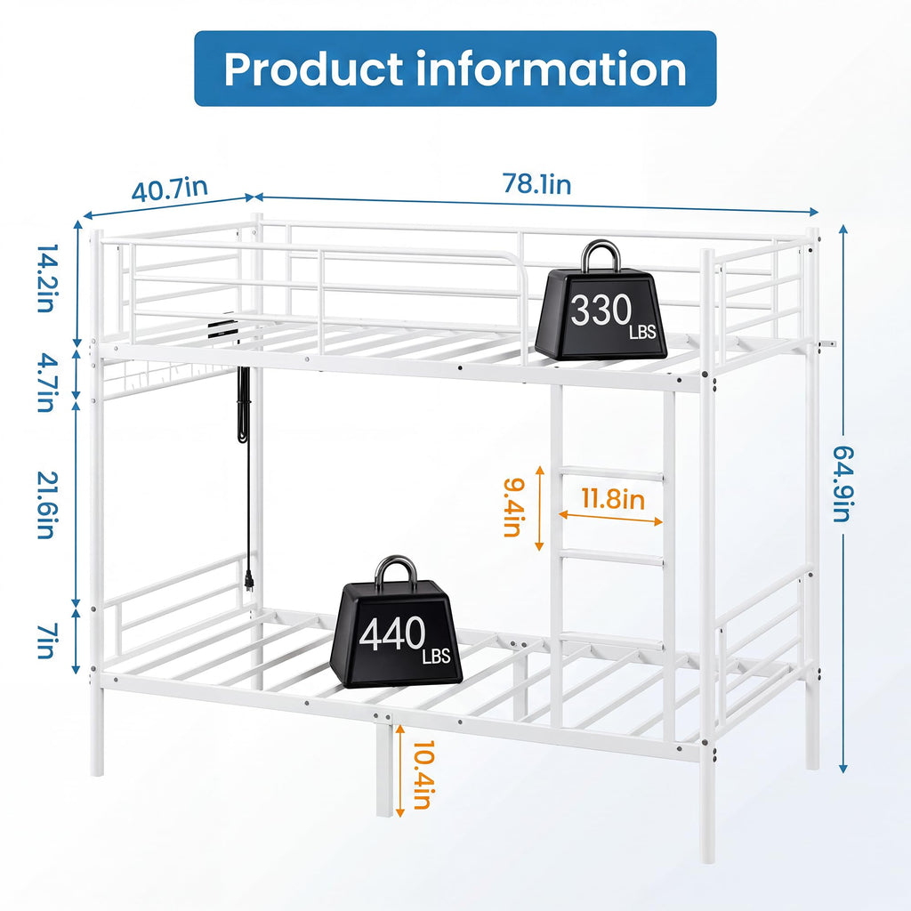 White Twin Over Twin Bunk Bed with LED Lights and Charging Station L183