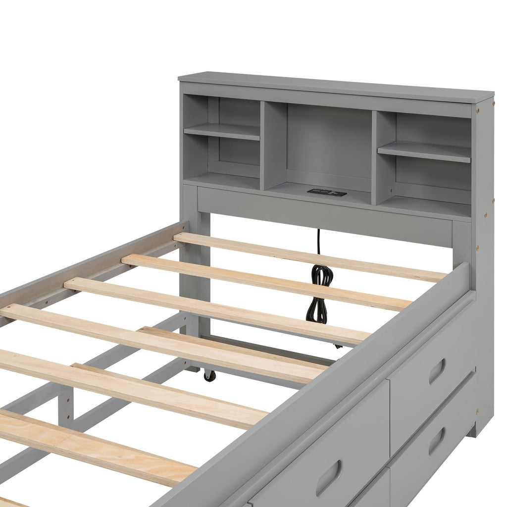 Twin Size Platform Bed with Storage Headboard, Trundle and 3 Drawers, Gray D785977