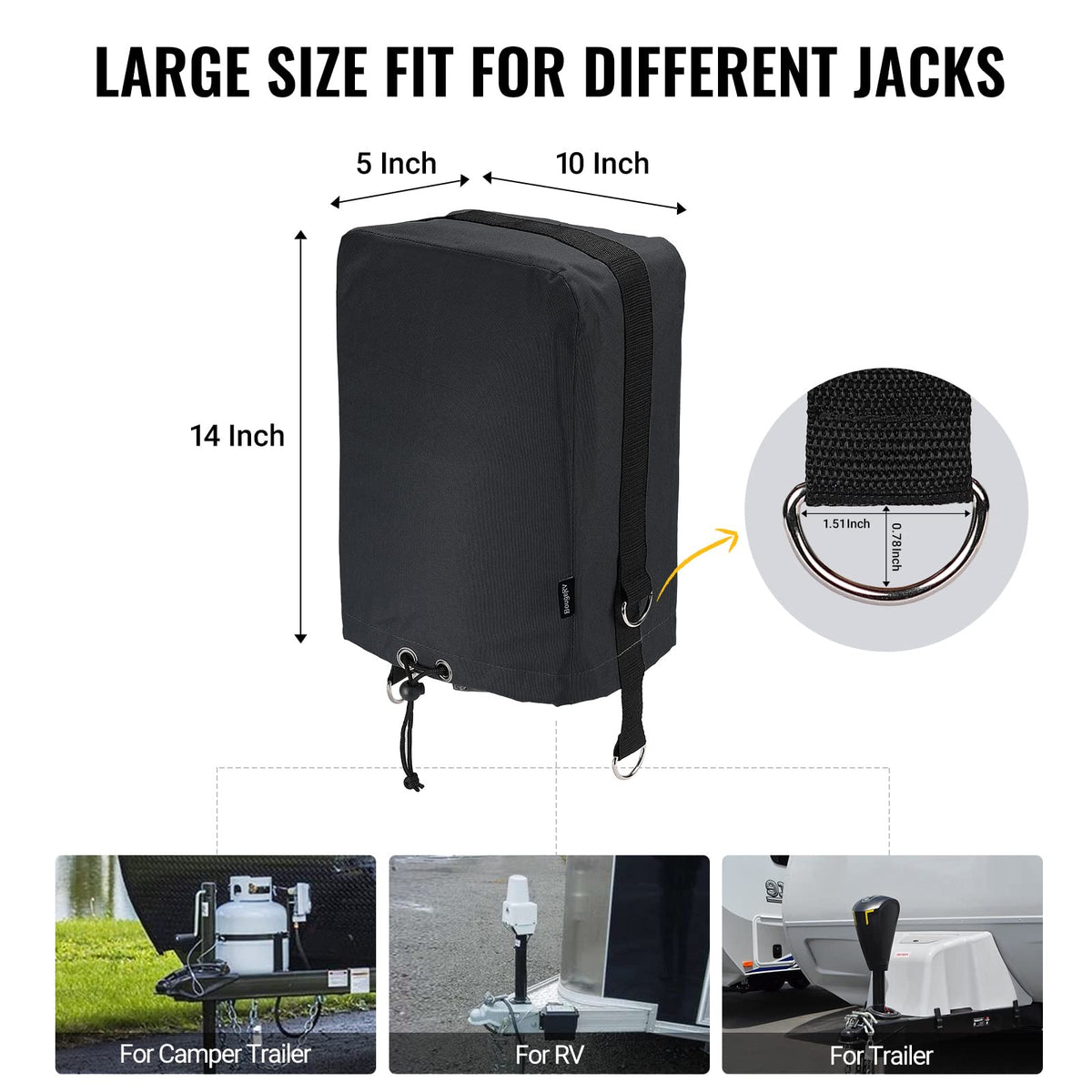 Black 600D RV Electric Tongue Jack Cover with D Rings B624390