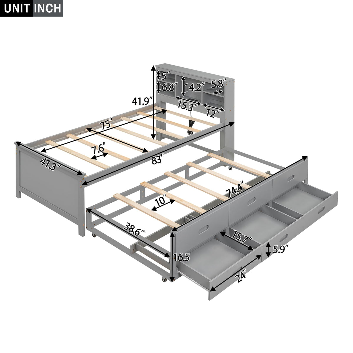 Twin Size Platform Bed with Storage Headboard, Trundle and 3 Drawers, Gray D785977