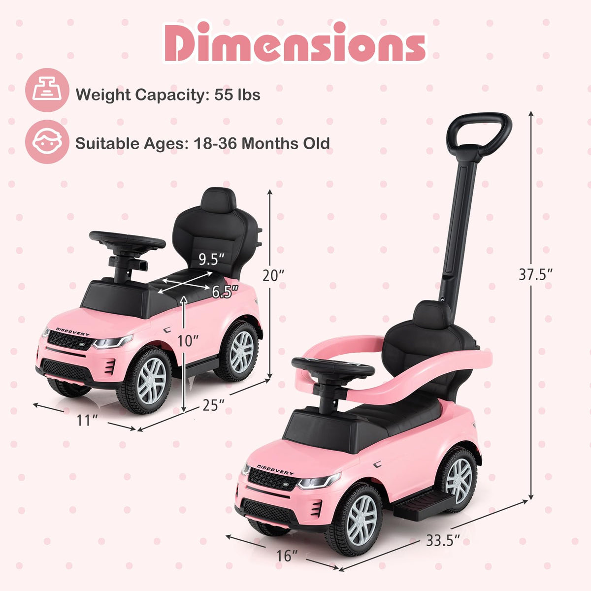 3 in 1 Push Car with Handle, Horn Sound, Underneath Storage, Armrest Guardrail, Foot-to-Floor Ride On Toy (Pink) V610