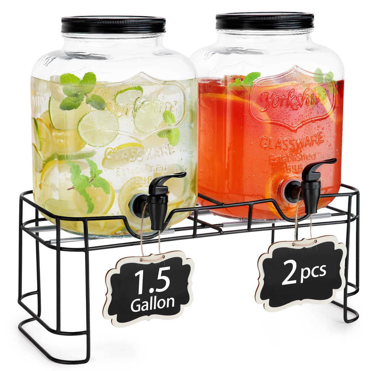 2pcs 1.5 Gallon Glass Drink Dispenser with Metal Stand J861105