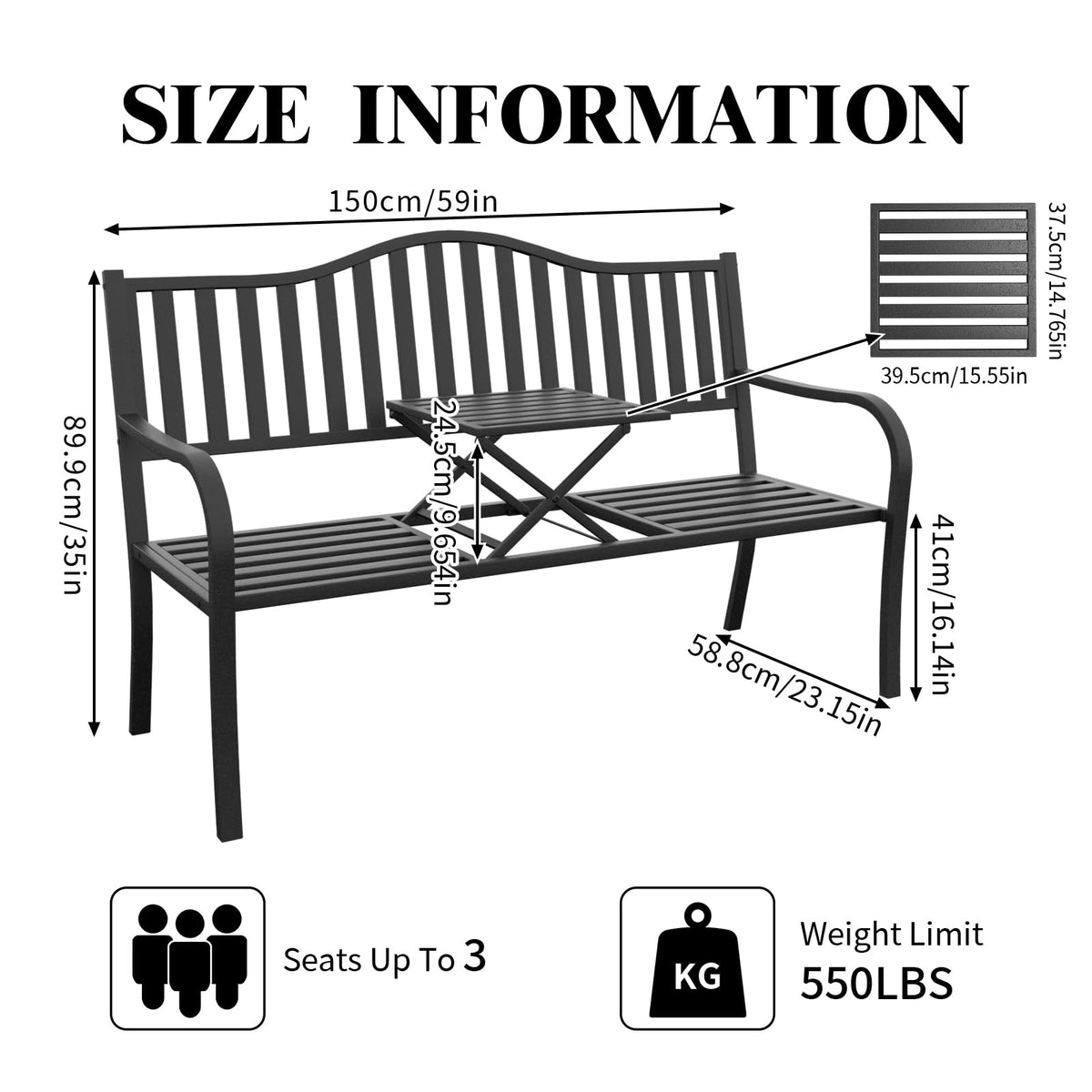 59 Inches Metal Outdoor Bench with Pull-Out Table D733