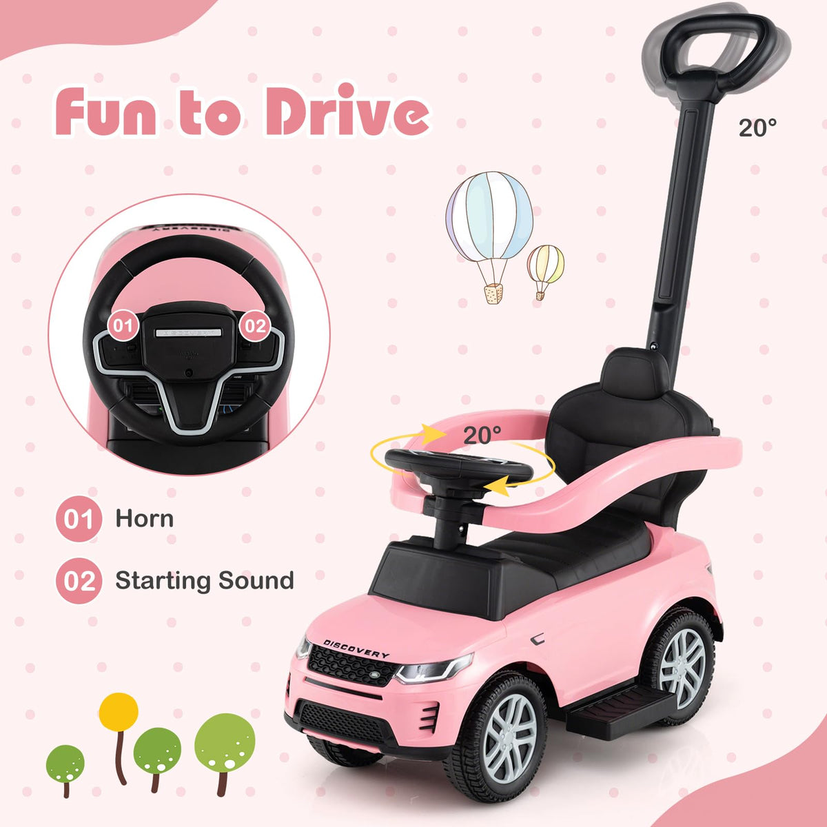 3 in 1 Push Car with Handle, Horn Sound, Underneath Storage, Armrest Guardrail, Foot-to-Floor Ride On Toy (Pink) V610