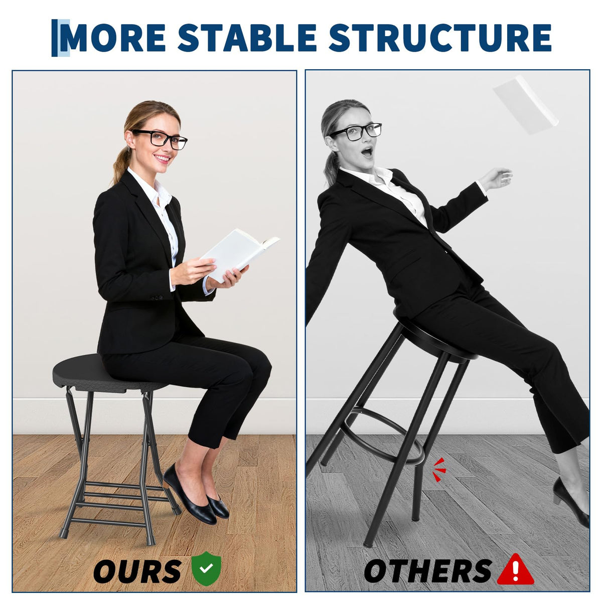 Folding Stool, Backless 18-Inch, Portable with Handle, Anti-Slip Feet, 600Lbs Capacity, Black J696783