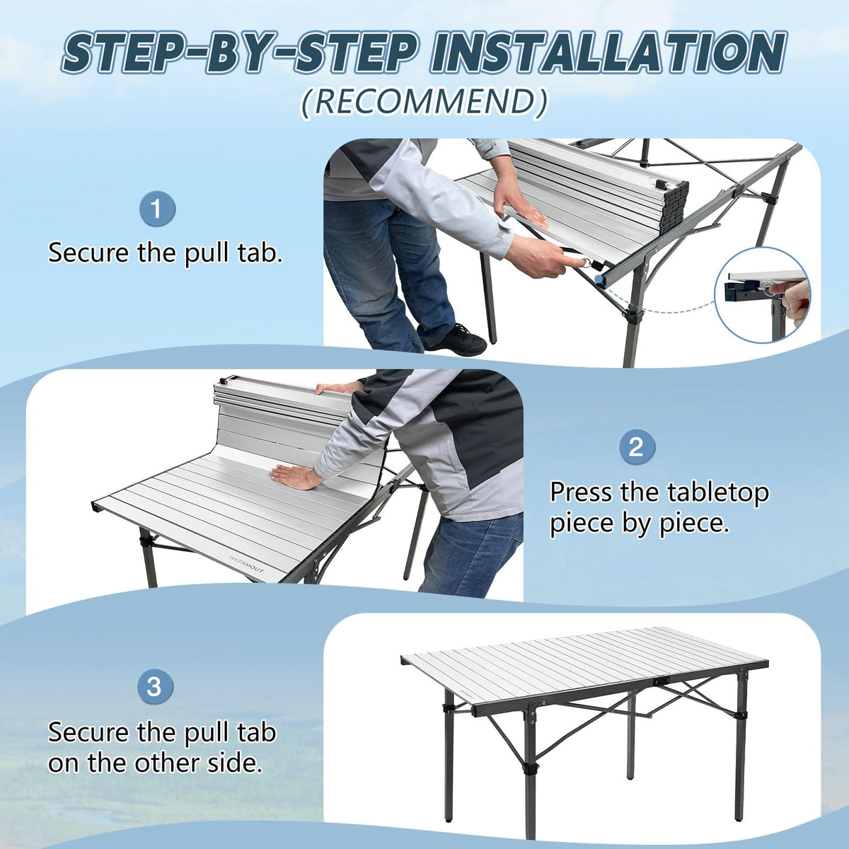 29.9" Tall Folding Camping Table for 2-6 Person, 54.7" Large Aluminum Foldable Roll-up Table Outdoor with Carry Bag for Picnic, Camp, Sturdy, Backyard, Patio F59726