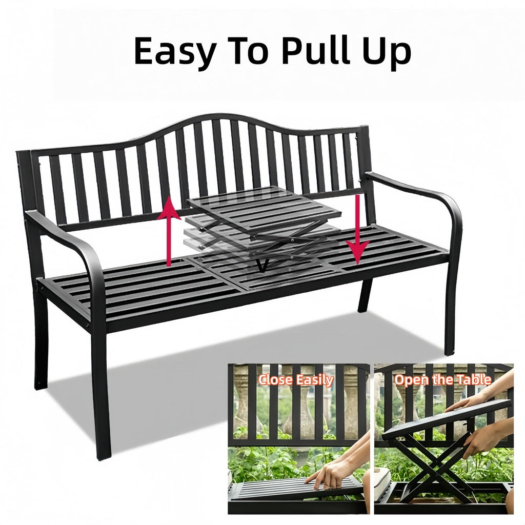 59 Inches Metal Outdoor Bench with Pull-Out Table D733