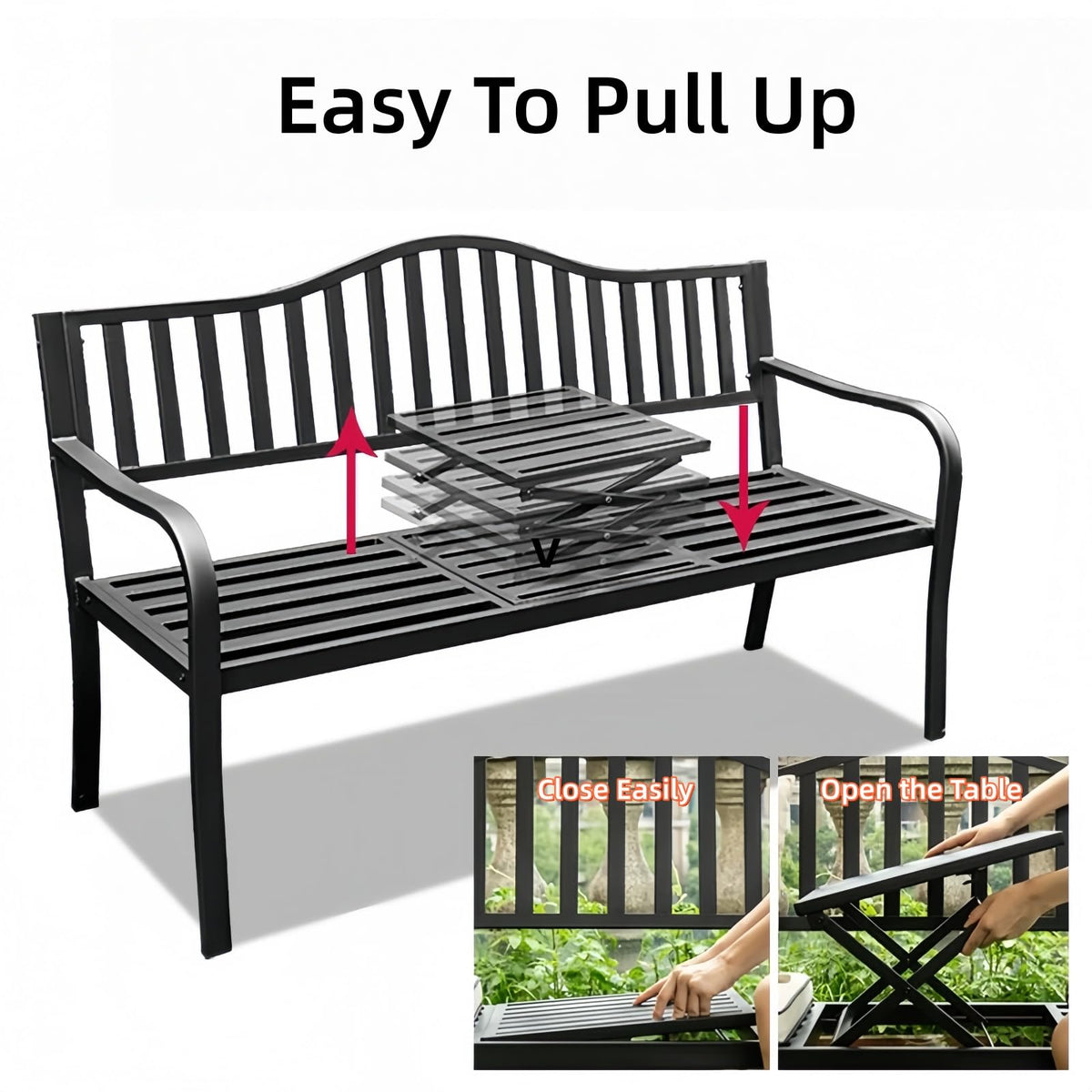 59 Inches Metal Outdoor Bench with Pull-Out Table D733